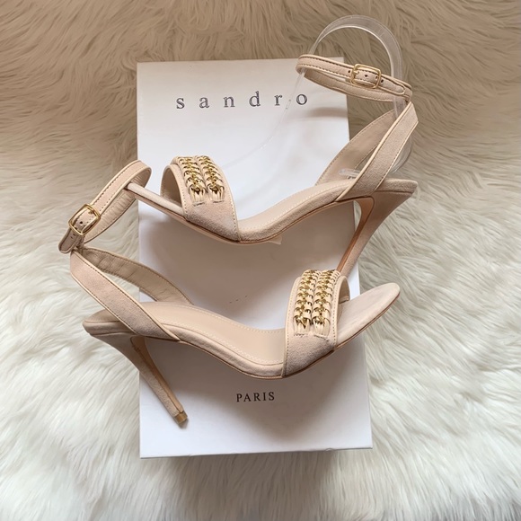 *SOLD* New! SANDRO Paris Nina Chain Tan Suede Sandals - Picture 2 of 14